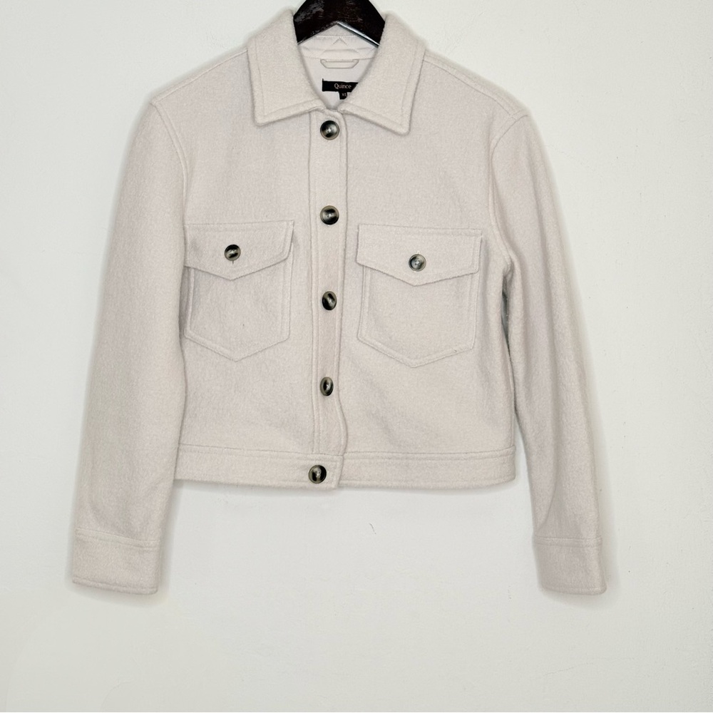 Quince 100% Wool Cropped Utility Jacket Cream Button Front XS Capsule Modern